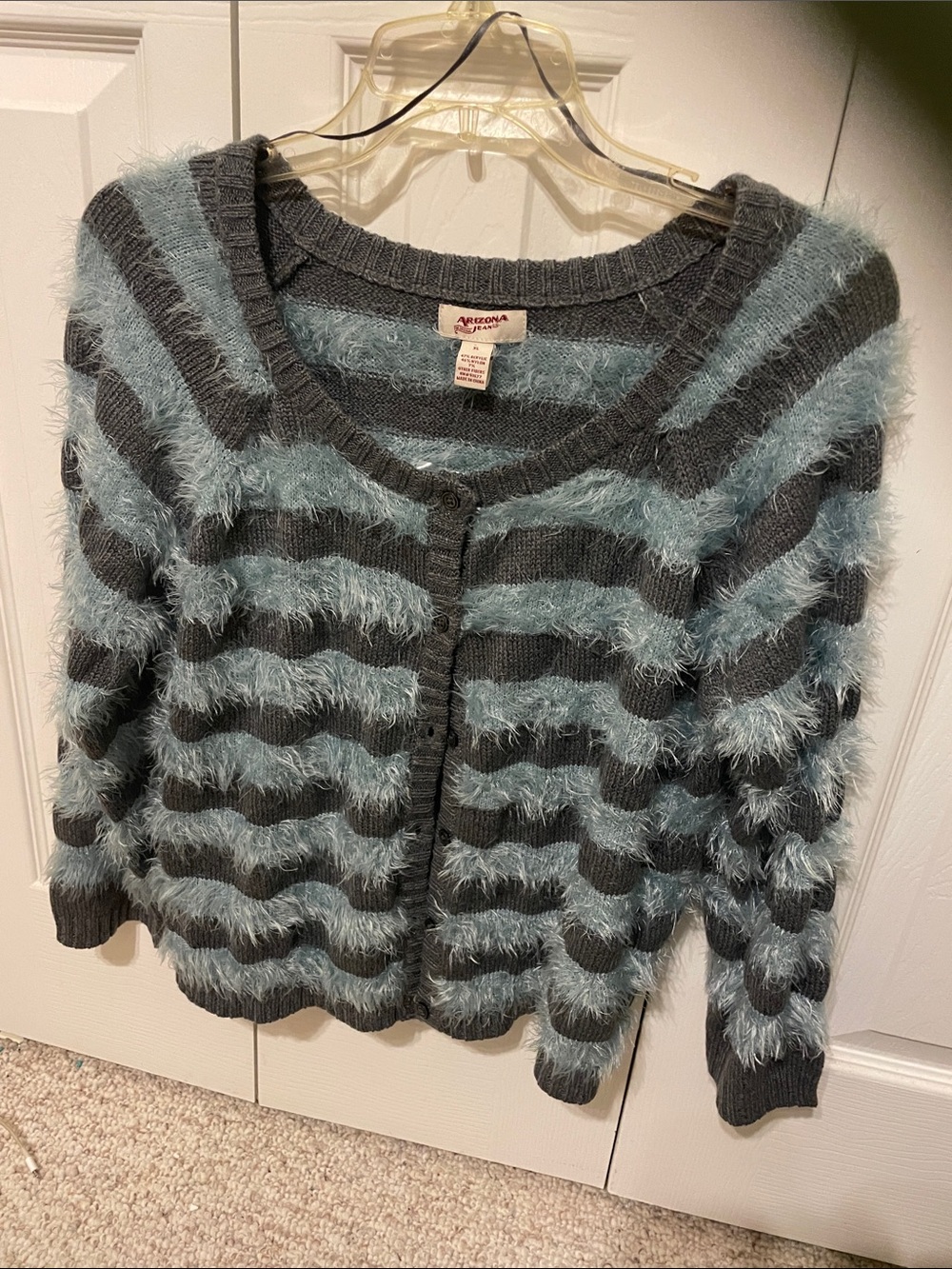 Arizona Jean Company Fuzzy Stripe Cardigan - Gray and Light Blue